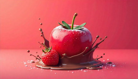 Apple and strawberry with chocolate splash still life