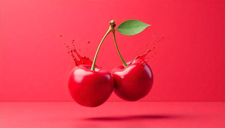 Two ripe red cherries with splash on red background