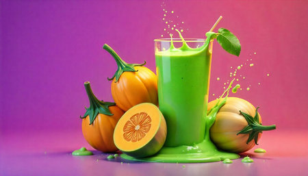Vibrant green smoothie with pumpkins on colorful background image