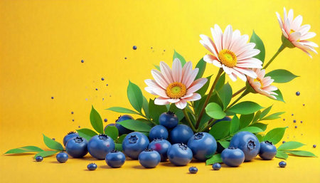 Blueberries with Flowers on Bright Yellow Background Still Life