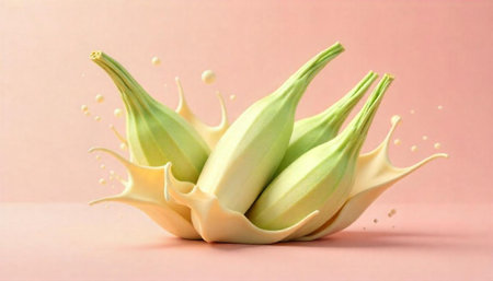 Okra pods in splash against soft pink backgroundの写真素材