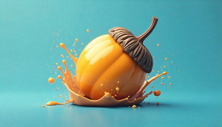 Artistic Acorn Splashed with Vibrant Paint on Blue Surfaceの写真素材