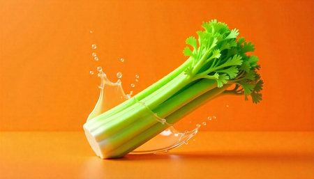 Fresh celery bunch with water splash against orange backdropの写真素材