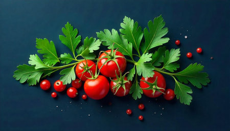 Vibrant tomatoes and fresh parsley on a dark backdrop