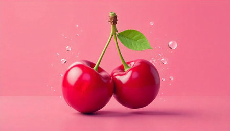 Pair of vibrant red cherries with green leaf on pink