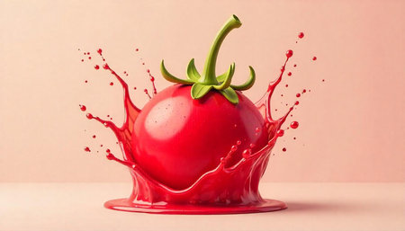 Vibrant tomato explosion creating splash against light pink backgroundの写真素材