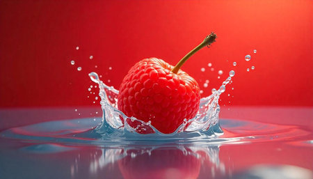 Fresh raspberry dropped into water creating vibrant splash effect