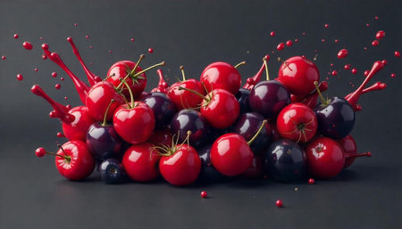 Dramatic display of cherries with splashing juice against dark backdrop