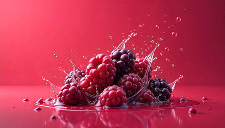 Blackberries and raspberries in a splash of liquid on red