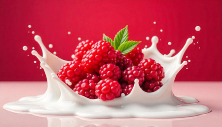 Raspberries splash into a pool of white creamy liquid