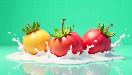 Whimsical fruit in a bath of splashing milk