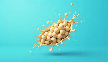 Soybeans in Creamy Splash Against a Vibrant Turquoise Background