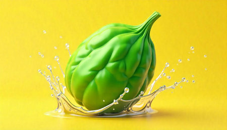 Fresh green vegetable with water splash on yellow backgroundの写真素材