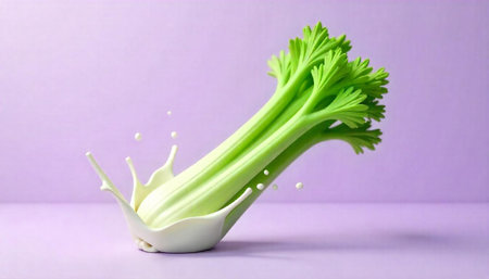 Celery stalks in milk splash on violet backgroundの写真素材