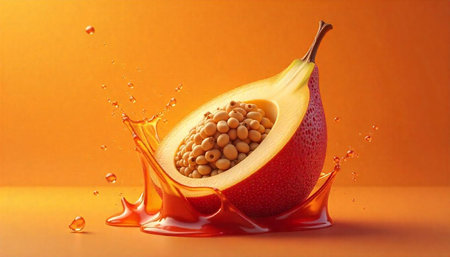 Half grenadia fruit with juice splash on orange backgroundの写真素材