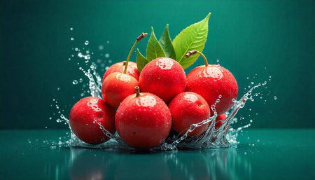Vibrant cherries surrounded by splashing water against a teal background