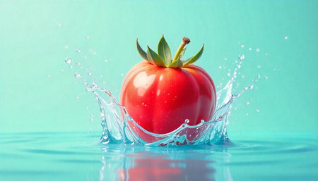 Red tomato splash, vibrant aqua background, refreshing water effectの写真素材