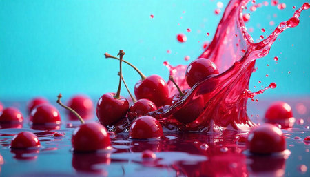 Fresh cherries with splash of juice on reflective surface