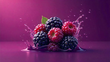 Fresh raspberries and blackberries with splash on purple background