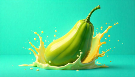 Green squash in splash of yellow liquid on aquamarineの写真素材