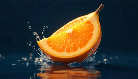 Fresh orange slice splashing in clear water surfaceの写真素材