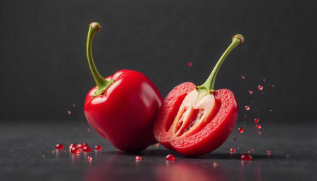 Fresh red pepper arrangement with water droplets on tableの写真素材