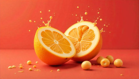 Fresh orange halves with juice splash on red backdropの写真素材