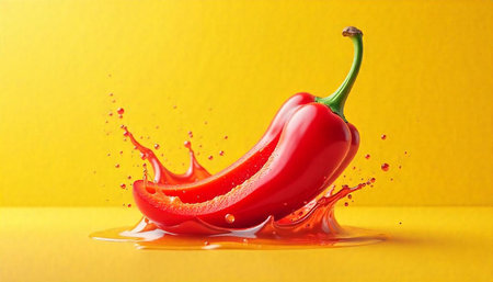 Vibrant red pepper splash on saturated yellow background studio