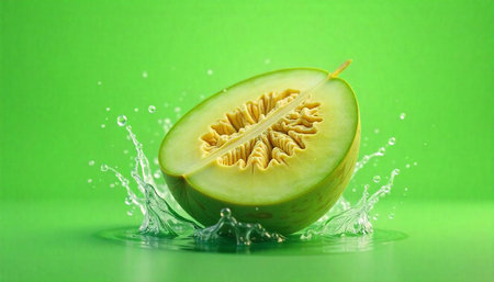 Sliced cantaloupe splash on a bright green backgroundの写真素材