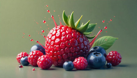 Fresh mixed berries with splash against soft green backdrop