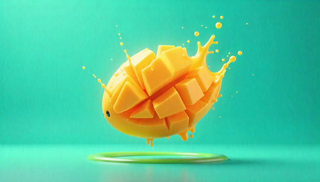 Stylized cubed mango illustration with splash on blue backgroundの写真素材