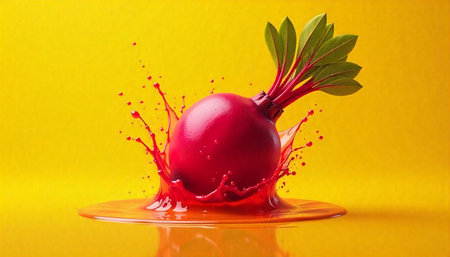 Vibrant beetroot splash against bold yellow background, clean design