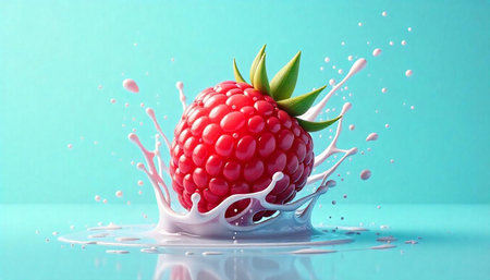 Fresh raspberry with milk splash on light turquoise backgroundの写真素材
