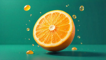 Vibrant orange slice with juice droplets on green backgroundの写真素材