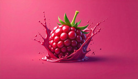 Raspberry splash on monochrome pink background in bright style