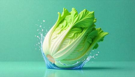 Fresh green cabbage with splashing water on teal background