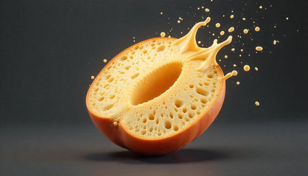 Cross-section of textured food with liquid splash against dark backdrop