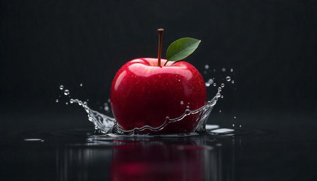 Red apple falling into water creating a splash effectの写真素材