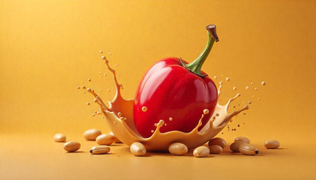 Red Pepper with Peanut Butter Splash on Yellow Backgroundの写真素材