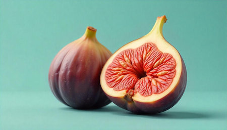 Ripe figs halved on a teal background