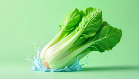 Fresh bok choy with water splash on green backdrop