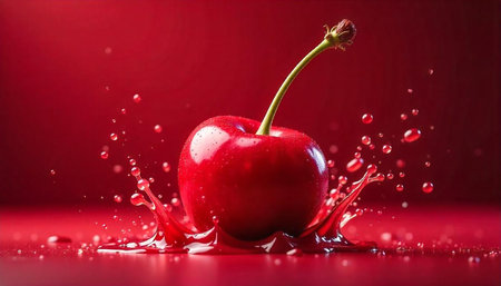 Red cherry with splashing juice against a red background