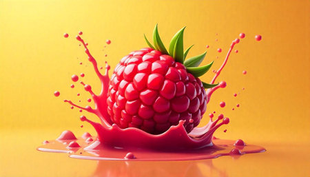 Vibrant raspberry with juice splash against a yellow background