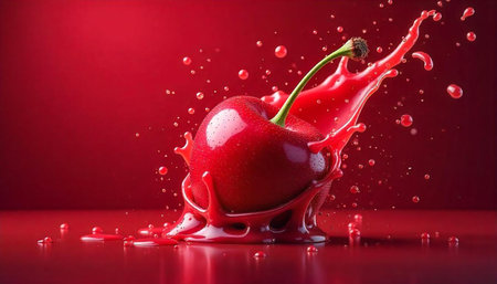 Vibrant red cherry with liquid splash against red backdrop
