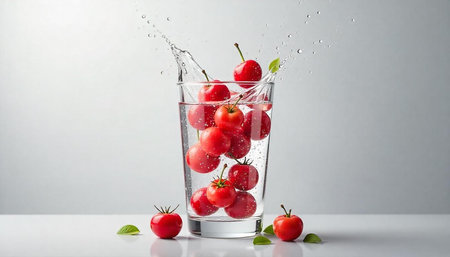 Fresh red cherry tomatoes splashing into a water glass