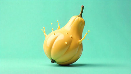 Abstract yellow pear with liquid splash on mint background