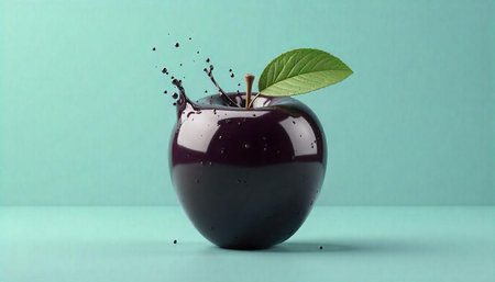 Dark glossy apple with splash on pastel background