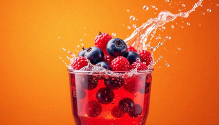 Fresh raspberries and blueberries in refreshing red beverage