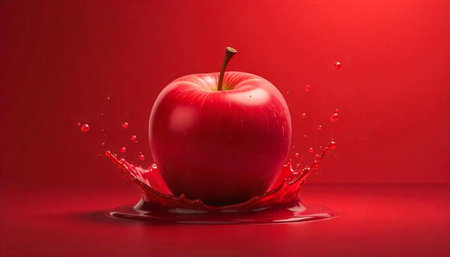 A red apple splashing in juice over red background