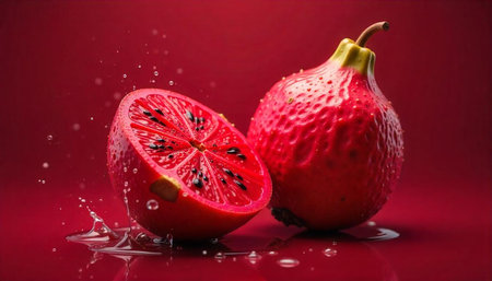 Red pear fruit with cut half splashing water